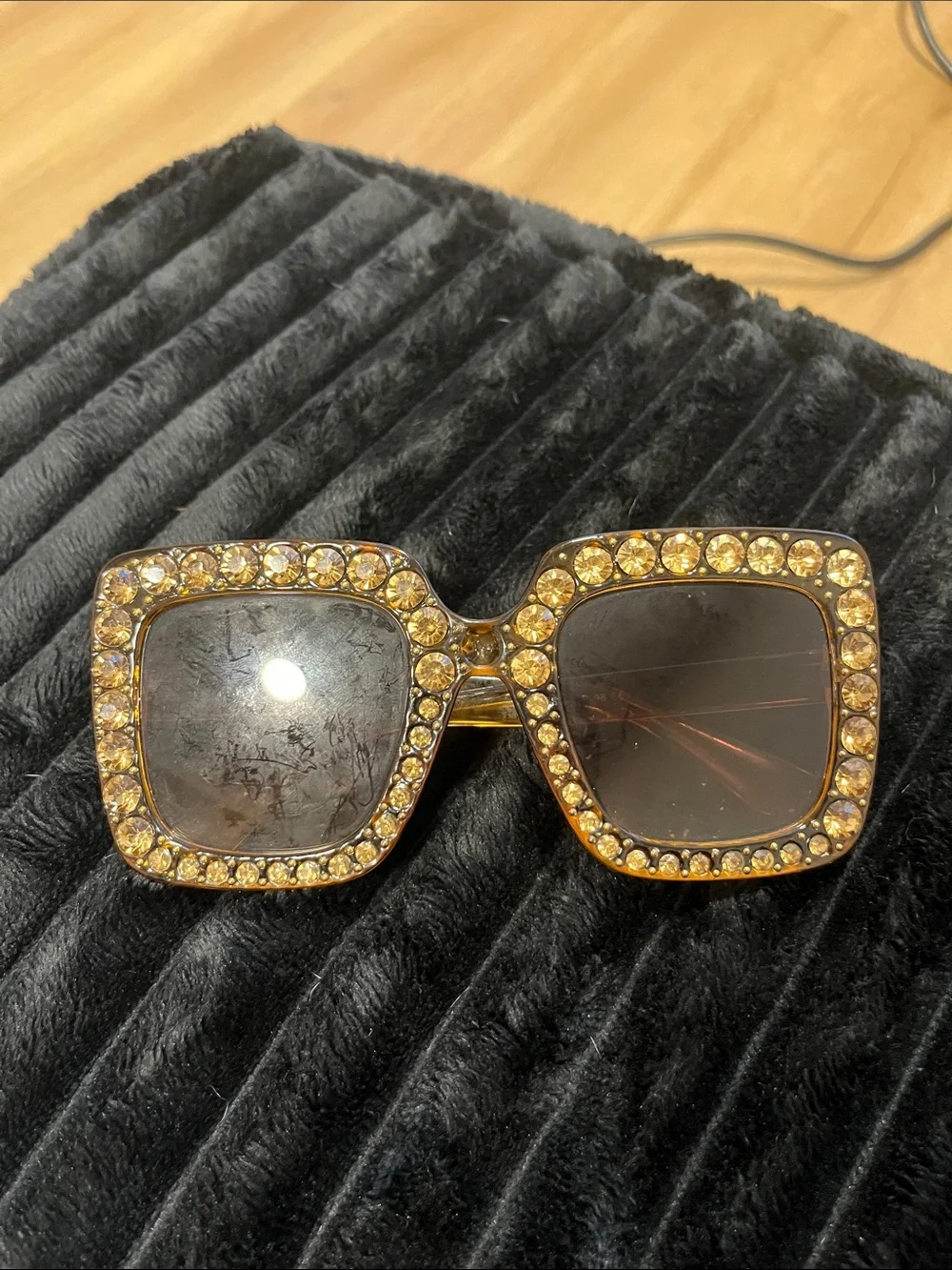 Women's Rhinestone Square Sunglasses - Gold Frame, Black Lenses
